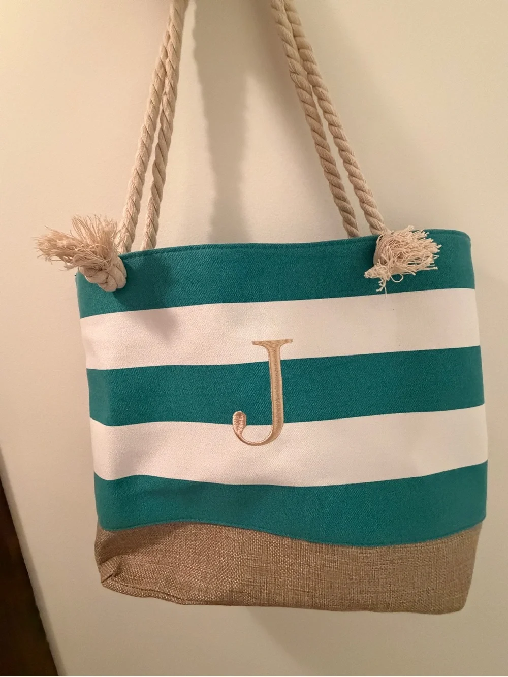 Embroidered 'J' Monogram Teal & White Striped Beach Bag with Clutch